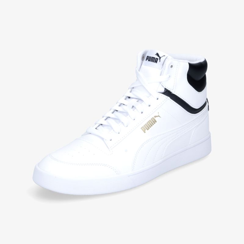 Moderner weißer High-Top-Sneaker mit schwarzem Detail für stilvollen und sportlichen Look.