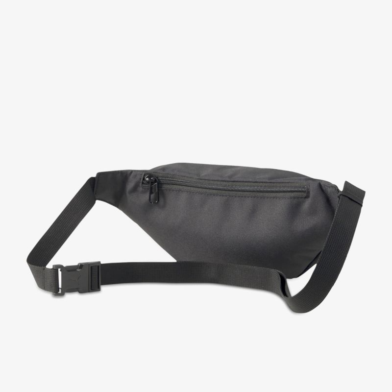 Schwarze Gürteltasche mit verstellbarem Gurt und Reißverschluss. Kompaktes Design für praktischen Einsatz.