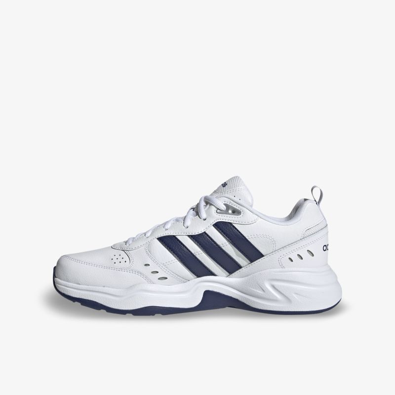 Moderner weißer Sneaker mit blauen Streifen, ideal für sportliche Aktivitäten und bequemen Freizeitstil.