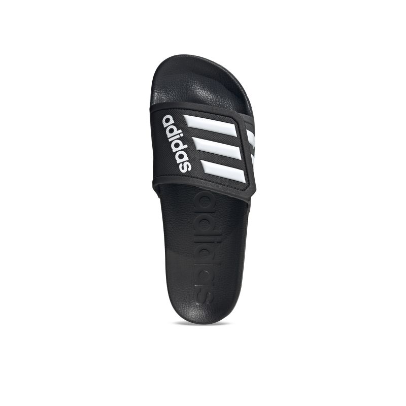 Komfortable schwarze adidas Sandale mit ikonischen drei Streifen, ideal für Alltag und Freizeit.
