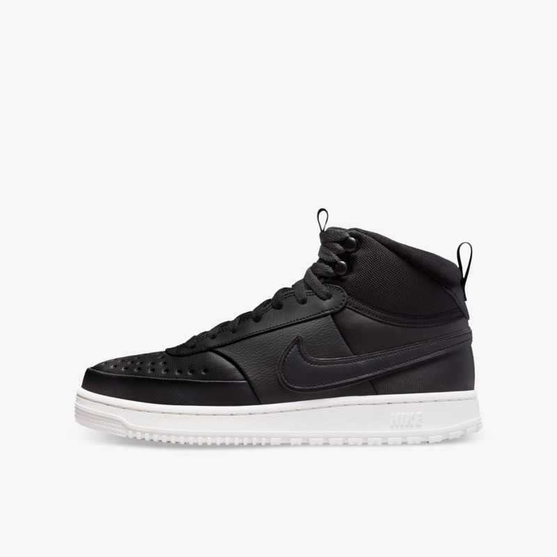 Schwarze Mid-Top-Sneaker aus Leder mit weißer Sohle. Perfekt für urbanen Stil und Komfort.