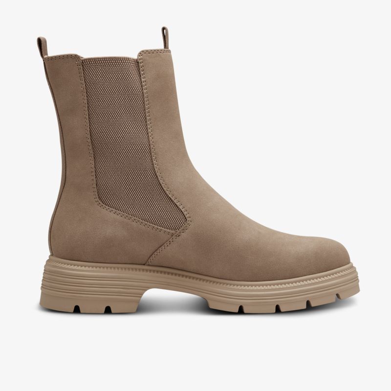 Taupefarbener Chelsea-Boot mit elastischen Einsätzen und rutschfester Sohle für modernen Komfort.