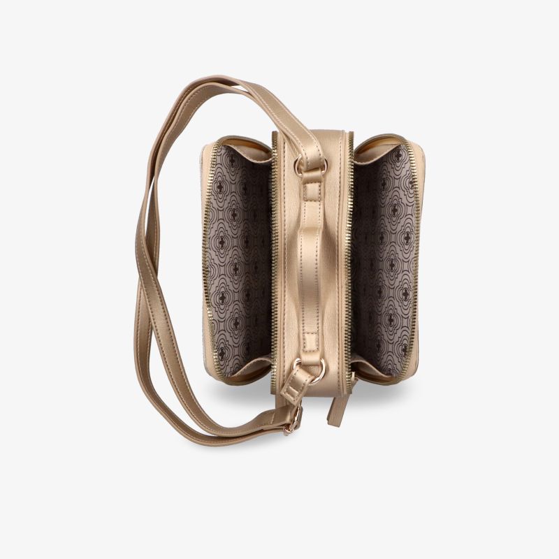 Seitenansicht einer offenen Handtasche mit sichtbarer Innenaufteilung und langlebigem Tragegriff