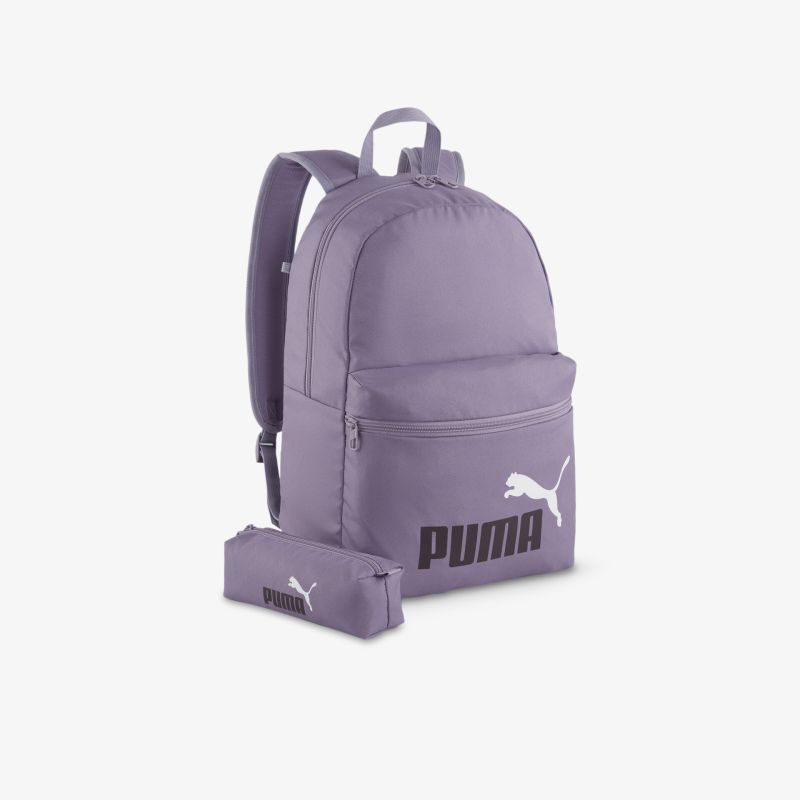 Moderner lila Rucksack mit großem Stauraum und passendem Etui, gepolsterte Träger für hohen Tragekomfort