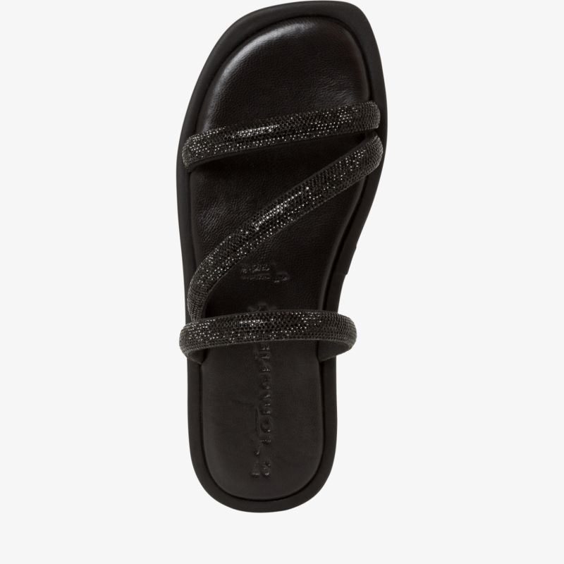 Modische schwarze Slip-On Sandale mit bequemen Riemen und gepolstertem Fußbett für hohen Tragekomfort