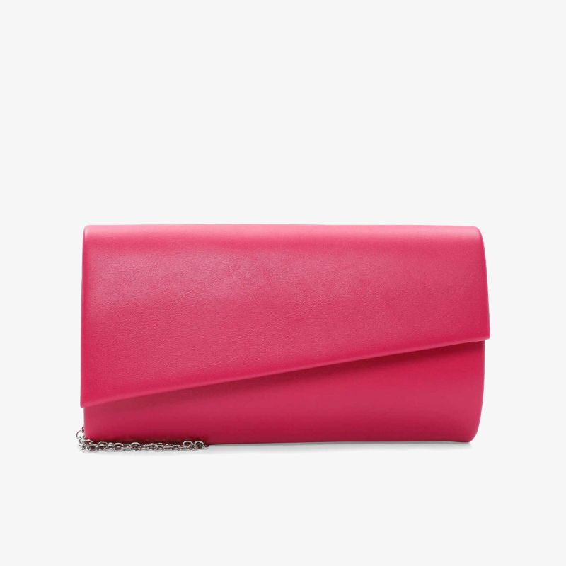 Elegante pinke Abendtasche mit Umschlagdesign und Kettenträger, ideal für besondere Anlässe.