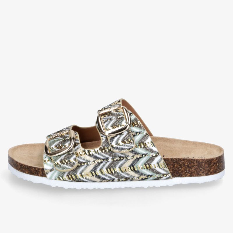 Moderne Pantolette mit bequemer Korksohle, verstellbaren Schnallen und attraktivem Metallic-Zickzack-Design