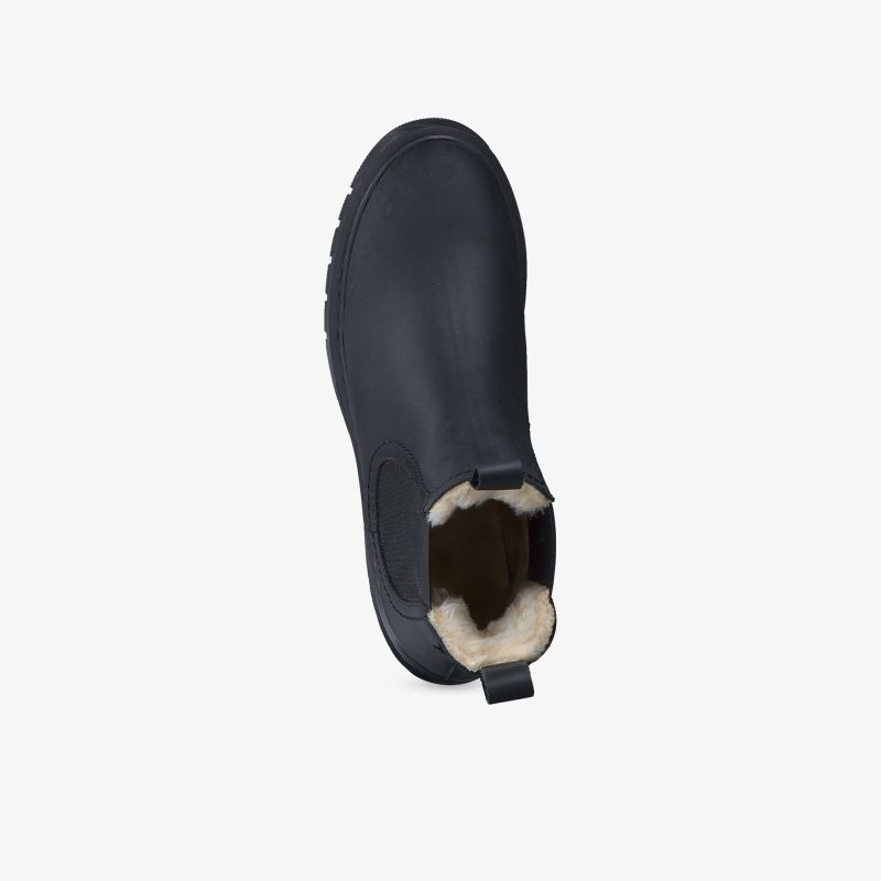 Schwarzer gefütterter Winterschuh mit rutschfester Sohle und elastischen Seiteneinsätzen, oben gezeigt