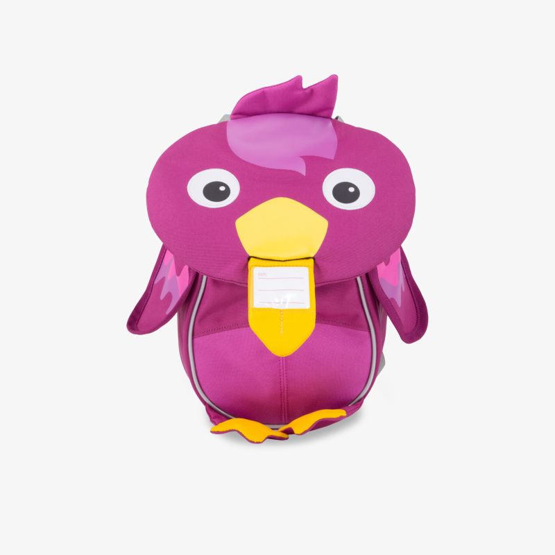 Kinderleichter Rucksack mit auffälligem pink-gelbem Vogelmotiv, geräumig und robust für den Alltag