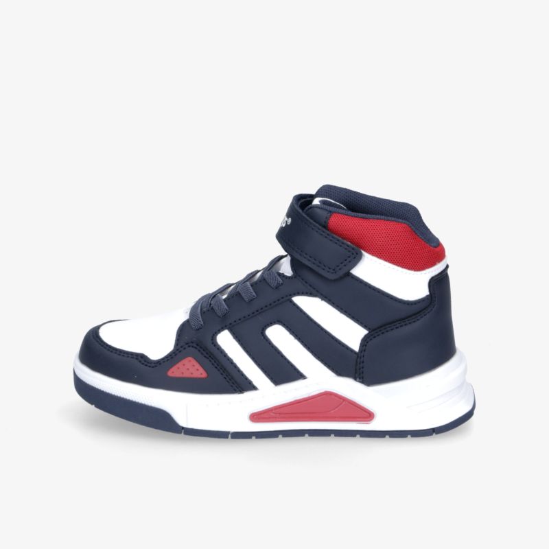 Moderner hoher Sneaker in Blau Weiß mit roten Akzenten, komfortabel und robust, rutschfeste Sohle