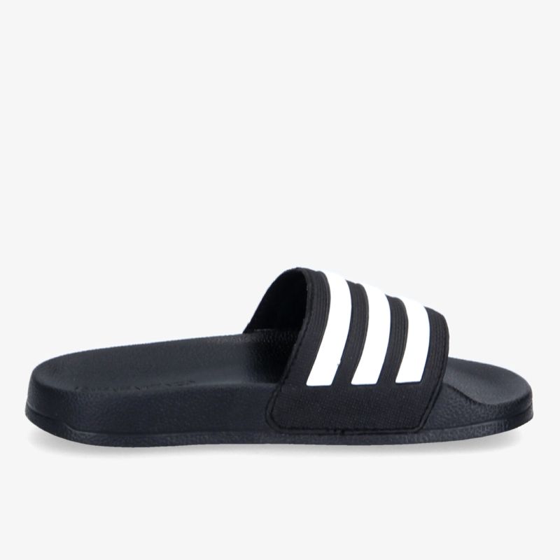 Schwarze Badesandale mit weißen Streifen, ideal für Komfort und Style im Sommer.