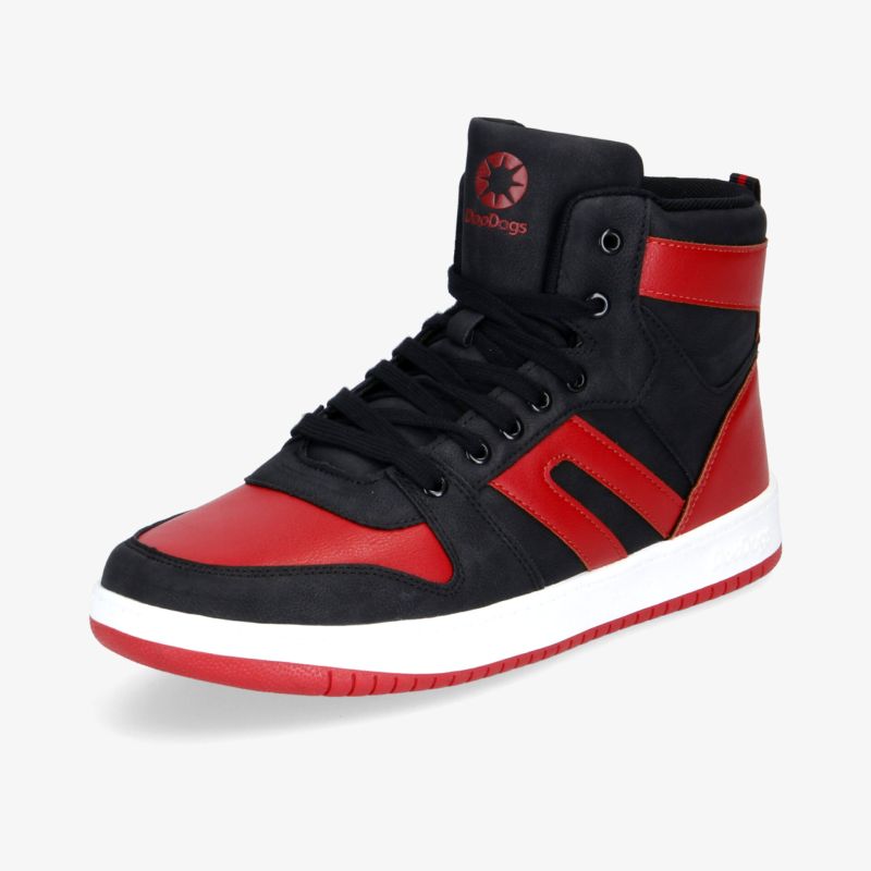 Moderner schwarz-roter Sneaker mit hohem Komfort, geeignet für Freizeit und Sport, rutschfeste Sohle