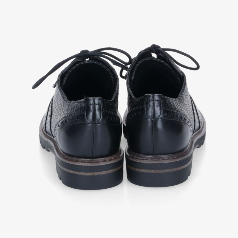 Schwarze Lederschuhe mit robuster Sohle und eleganter Schnürung, Rückansicht zeigt stabile Verarbeitung