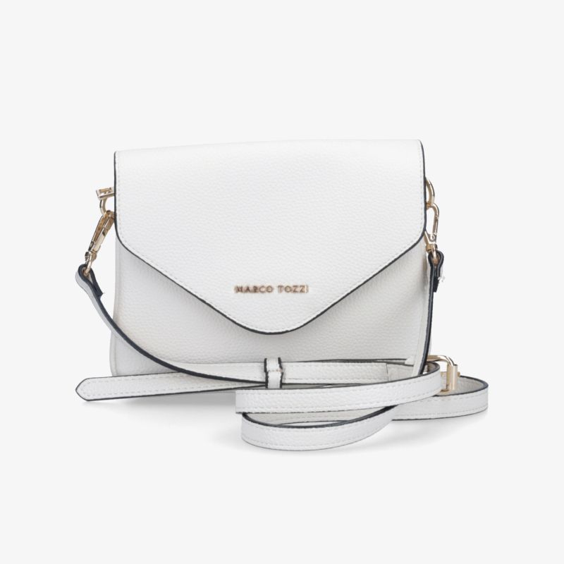 Weiße kompakte Schultertasche mit elegantem Design und verstellbarem Gurt, ideal für stilvolle Auftritte