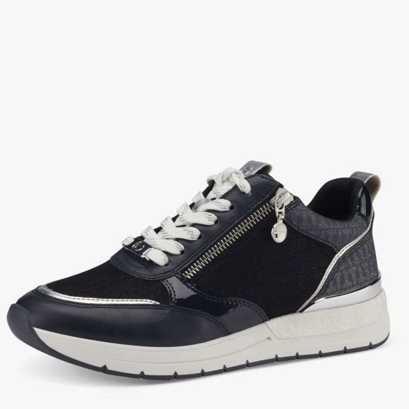 Stylischer Sneaker in Schwarz mit weißer Sohle, Reißverschluss-Detail und bequemer Passform für Alltag und Freizeit.