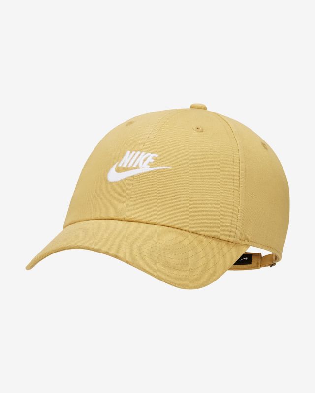 Stilvolle gelbe Nike Baseball Cap mit weißem Logo und verstellbarem Riemen, ideal für sportlichen Look.
