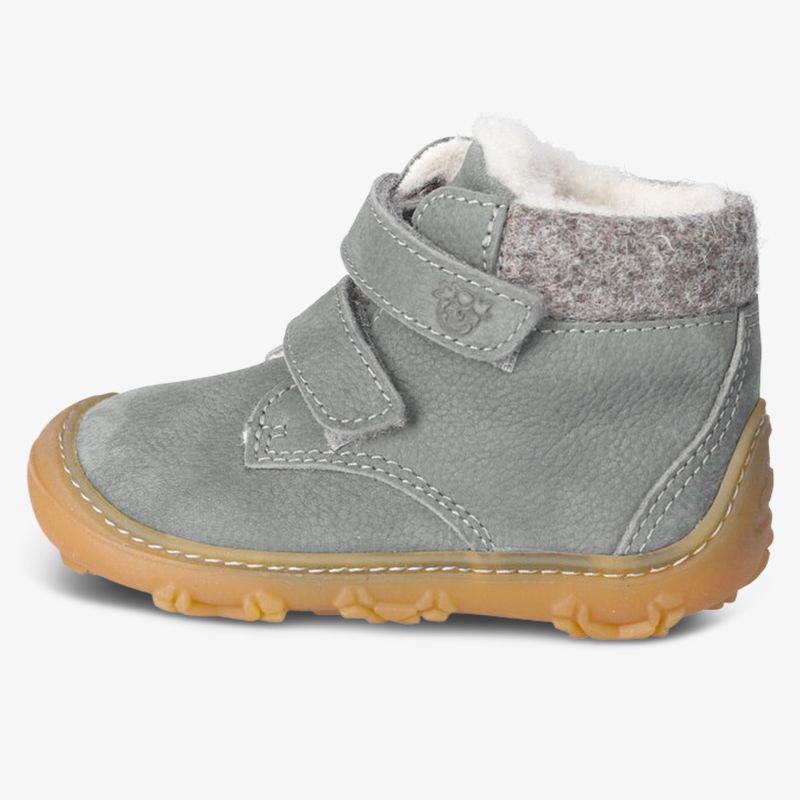 warmer grauer Kinderstiefel mit Klettverschluss und rutschfester Sohle, weiches Innenfutter komfortabel