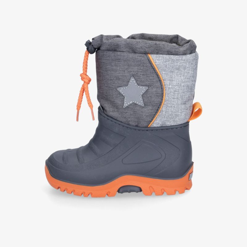 Warmer grau-oranger Winterstiefel mit rutschfester Sohle und dekorativem Sternmotiv.