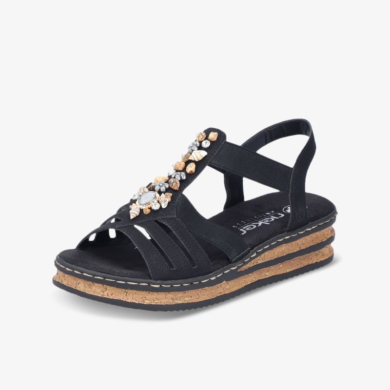 Elegante schwarze Sandalette mit bequemer Sohle, verstellbarem Riemen und dekorativer Perlenverzierung für stilvollen Komfort