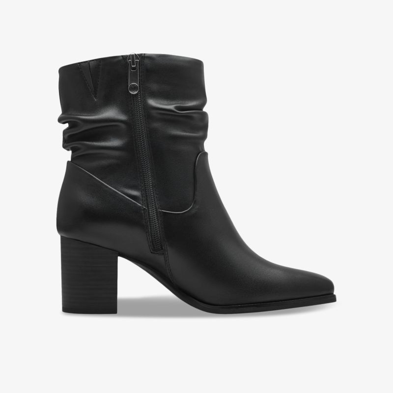 Eleganter schwarzer Stiefel mit mittelhohem Blockabsatz und seitlichem Reißverschluss in klarer Seitenansicht