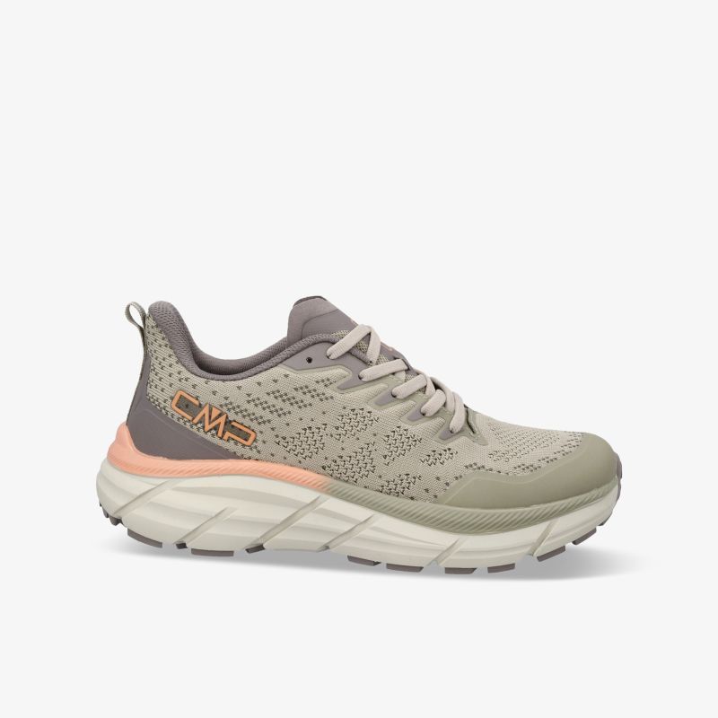 Beiger Sportschuh seitlich mit atmungsaktivem Material und gedämpfter Sohle für hohen Tragekomfort und Stabilität