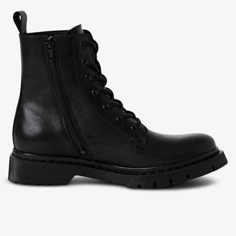 Schwarzer robuster Leder-Stiefel mit Schnürung und praktischem Reißverschluss, profilierte Sohle für festen Halt