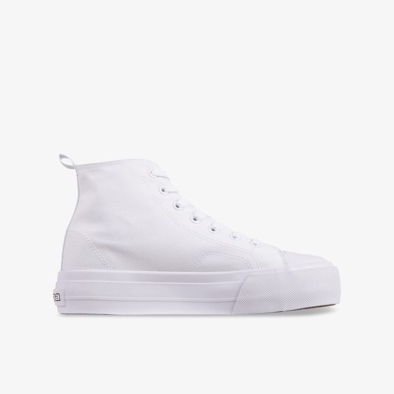 Moderner weißer High-Top-Sneaker im minimalistischen Design mit bequemer Passform und zeitlosem Look.