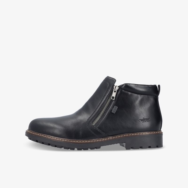 Eleganter schwarzer Lederstiefel mit praktischem Reißverschluss und rutschfester Sohle, seitliche Ansicht