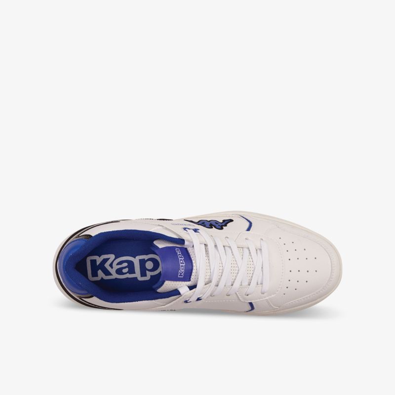 Moderner weißer Sneaker mit blauer Innenpolsterung und Schnürung, ideal für Alltag und Freizeit.