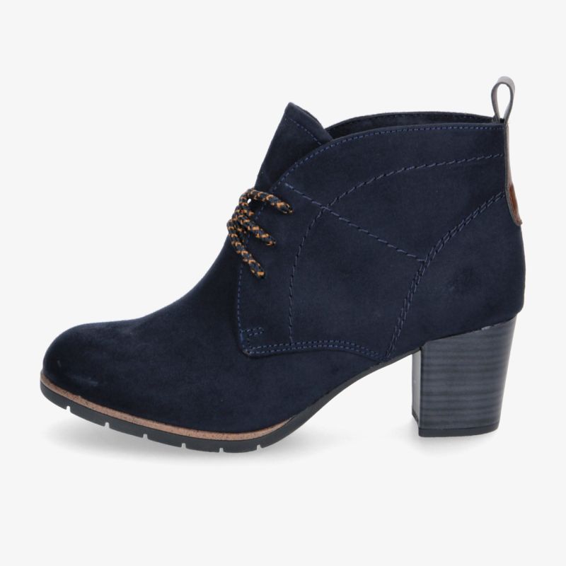Elegante dunkelblaue Stiefelette mit bequemem Absatz und dekorativer Schnürung, ideal für vielseitige Outfits.