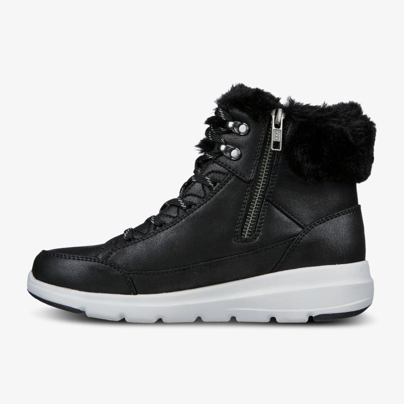 Schwarzer Stiefel mit Fellbesatz und Reißverschluss auf weißer Sohle. Ideal für kalte Wetterbedingungen.