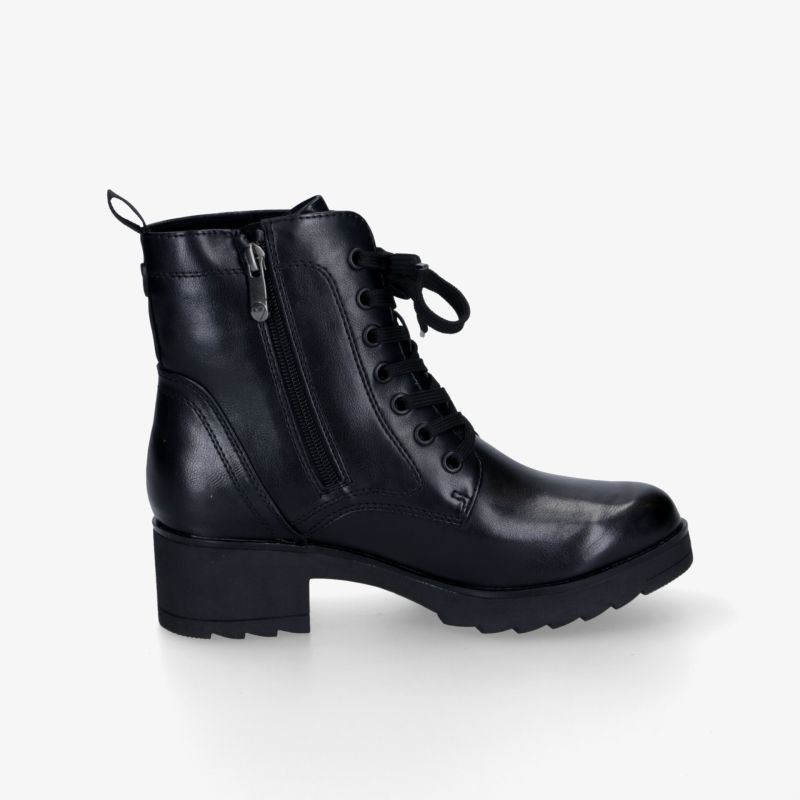 Schwarze Leder-Stiefelette mit Reißverschluss und Schnürung, robuster Absatz und rutschfester Laufsohle