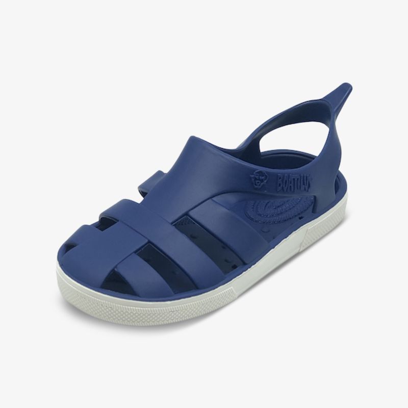 Blaue Sandale mit weißer Sohle und praktischem Design, ideal für vielseitigen Einsatz und hohen Tragekomfort.