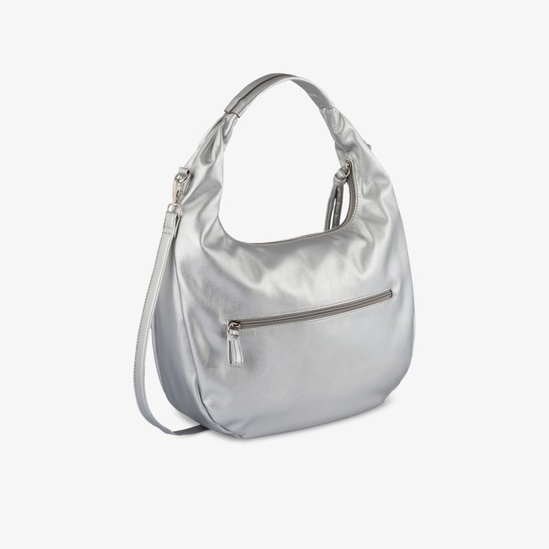 Elegante silberne Handtasche mit Reißverschlussfach und Schultergurt für vielseitige modische Outfits.