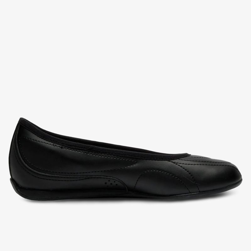 Schlichter schwarzer Ballerina flach und bequem mit eleganter seitlicher Ansicht
