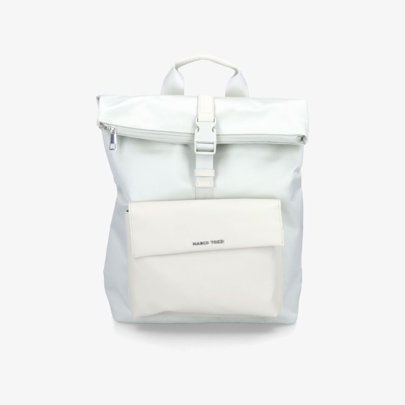 Moderner weißer Rucksack mit robuster Fronttasche und verstellbarem Tragegriff, ideal für Alltag und Arbeit