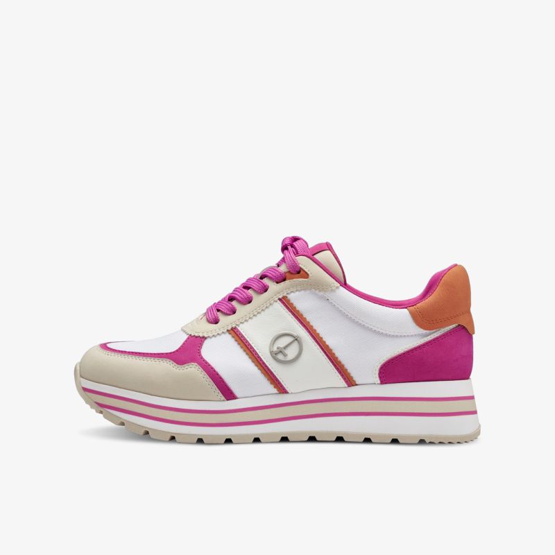 Seitliche Ansicht eines sportlichen weißen Sneakers mit pinken Akzenten und gepolstertem Schaft für hohen Tragekomfort