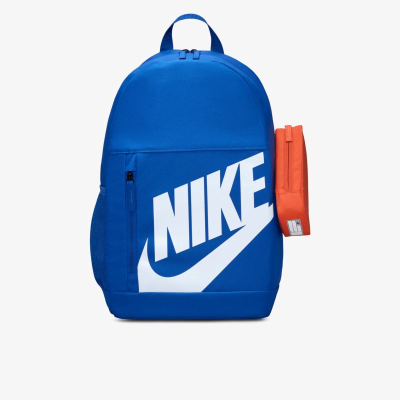 Blauer großer robuster Rucksack mit weißem Nike Logo und praktischem orangem Reißverschluss-Puller