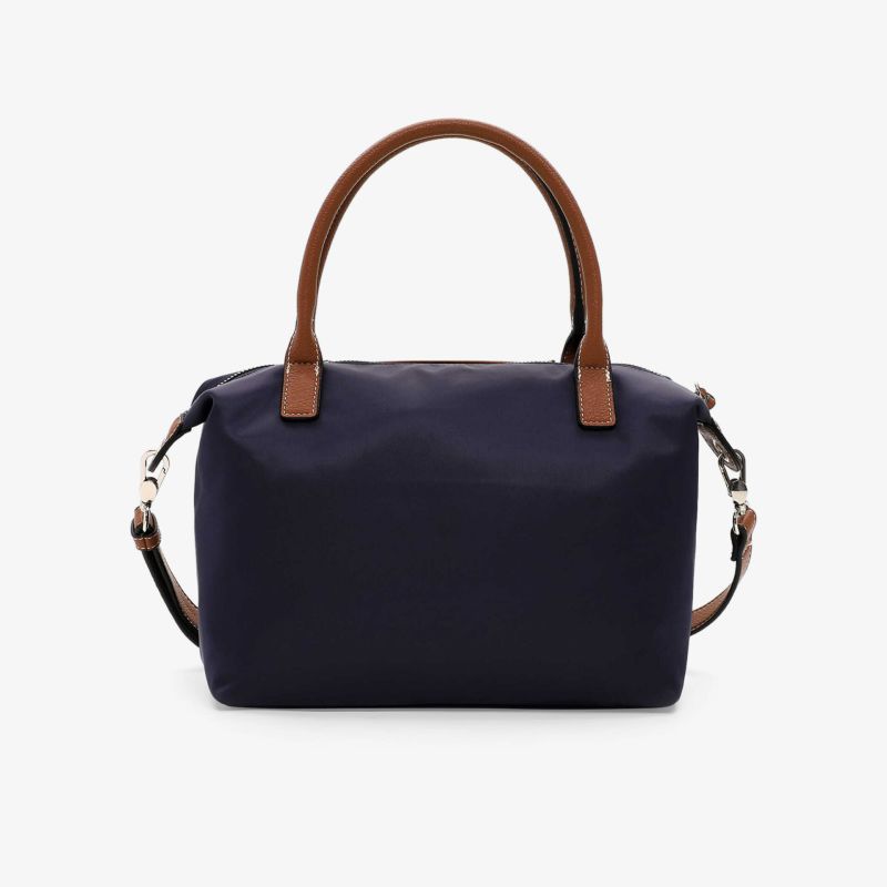 Elegante navy Handtasche mit braunen Henkeln, robuster Verarbeitung und kompakter, zeitloser Form