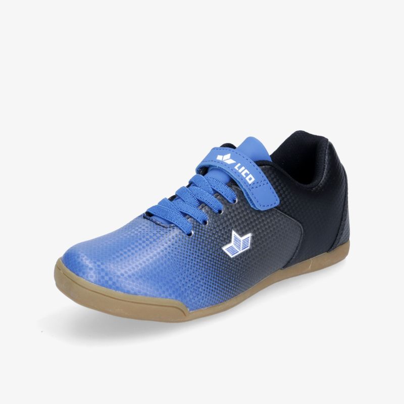 Blaue und schwarze Hallenschuhe mit Klettverschluss, bieten Komfort und rutschfeste Sohle für sportliche Aktivitäten.