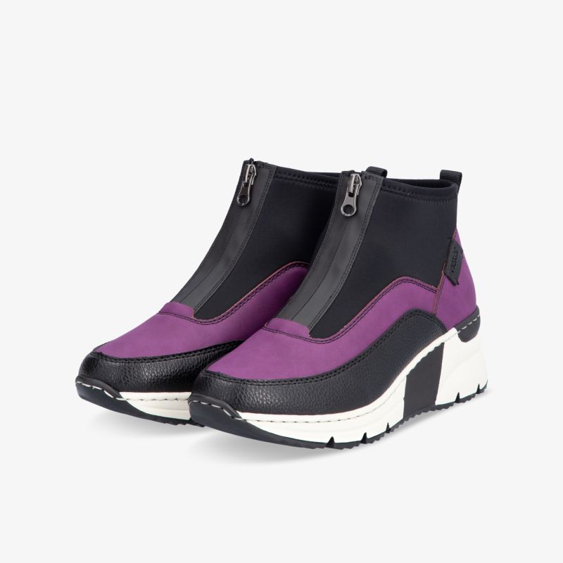 Moderne schwarze und lila Sneaker mit Reißverschluss, leichter Schuh mit komfortabler Passform und rutschfester Sohle