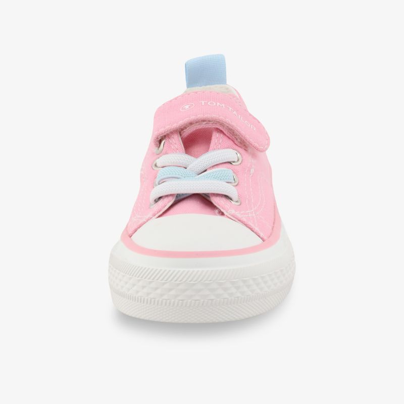 Pinkfarbener Sneaker mit weißer Sohle, elastische Schnürsenkel und Klettverschluss für komfortablen Halt.