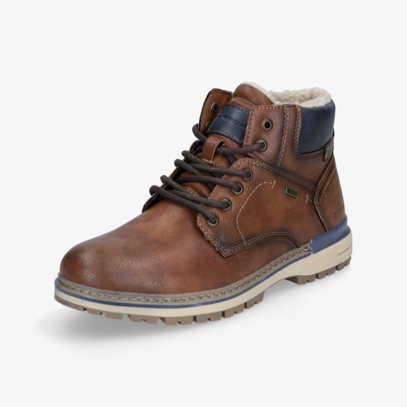 Robuster brauner Leder-Winterstiefel mit warmem Innenfutter, Schnürung und rutschfester Sohle für sicheren Halt.