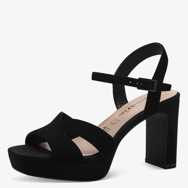 Schwarze Sandalette mit hohem Blockabsatz, Plateau und verstellbarem Riemen für eleganten und komfortablen Tragekomfort