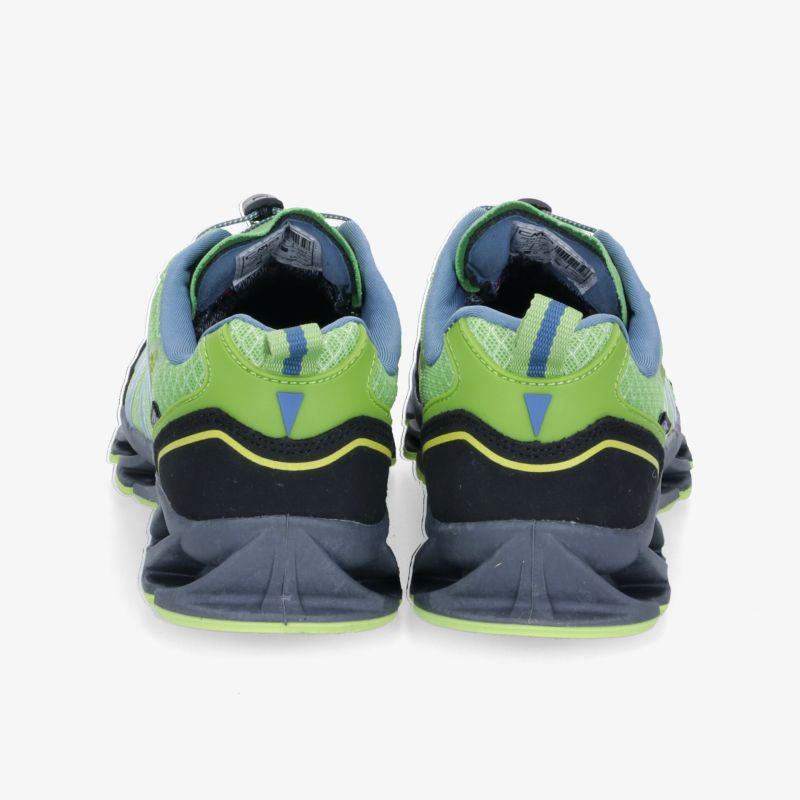 Moderner Laufschuh mit optimalem Komfort und stabiler Sohle in Grün und Blau, rückseitige Ansicht.