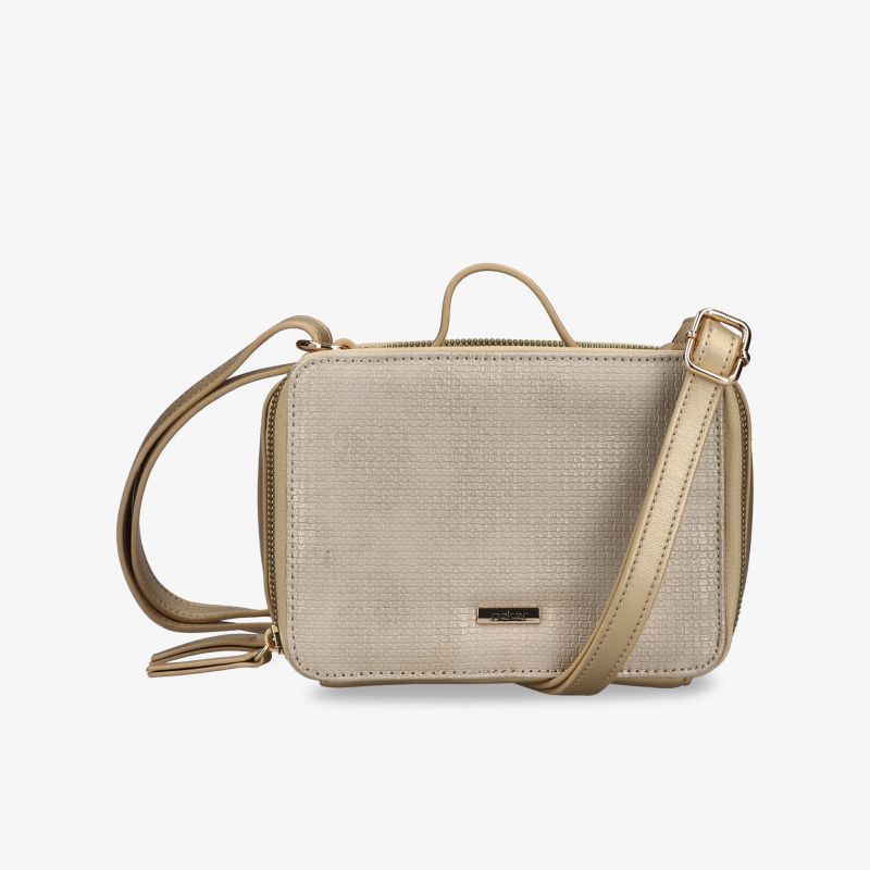 Kompakte beige Handtasche mit feiner Struktur und verstellbarem Riemen für vielseitigen Einsatz und eleganten Look