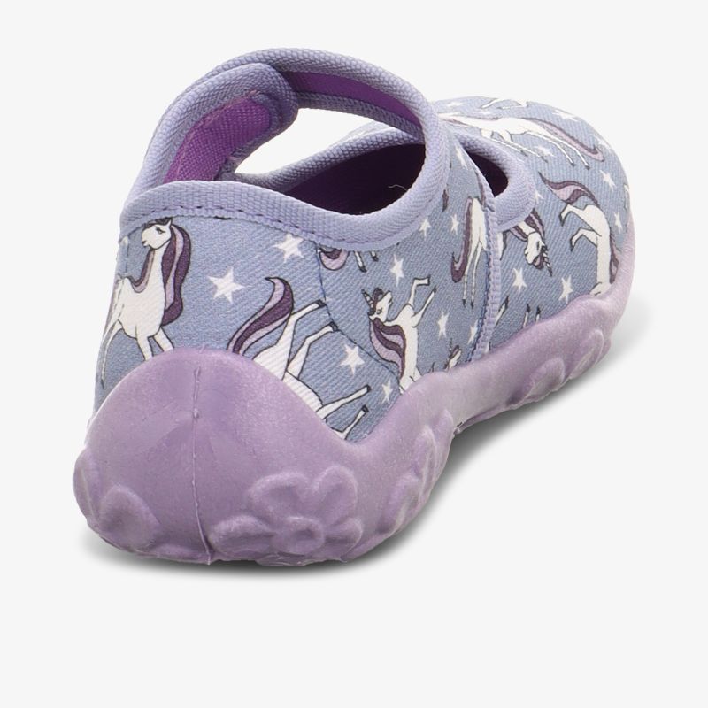 Lila Kinderschuh mit Einhornmotiv und rutschfester Sohle für stilvolle Auftritte.