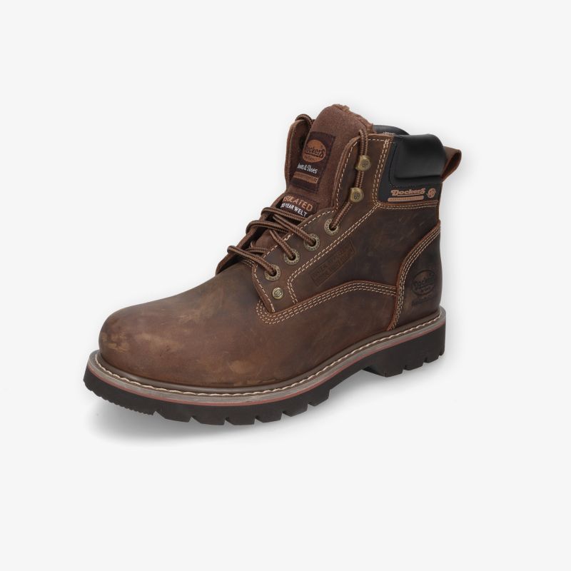 Robuster brauner Lederstiefel mit rutschfester Sohle und gepolstertem Schaft für hohen Tragekomfort