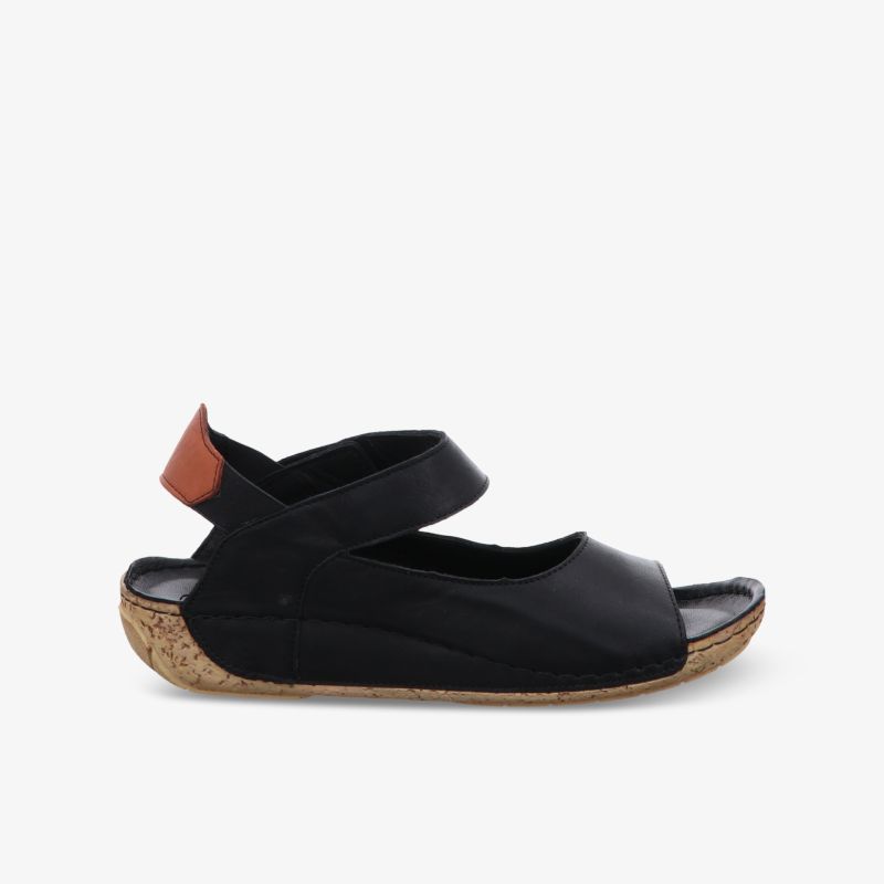 Bequeme schwarze Sandale mit verstellbarem Klettverschluss und flexibler Sohle, ideal für angenehmen Tragekomfort.