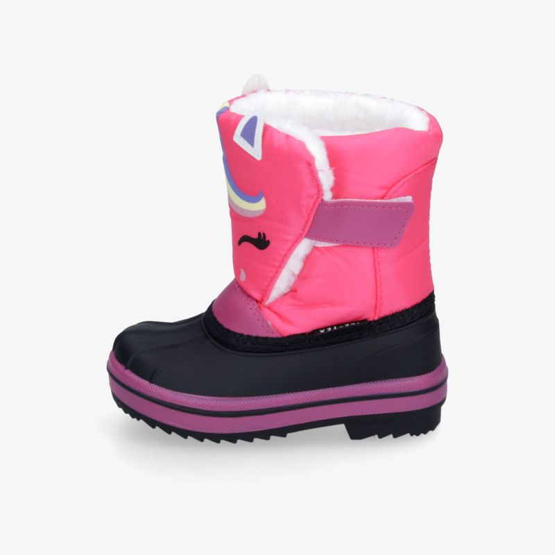 Wasserdichter pinker Winterstiefel mit Fütterung, rutschfester Sohle und seitlichem Klettverschluss für optimalen Tragekomfort.